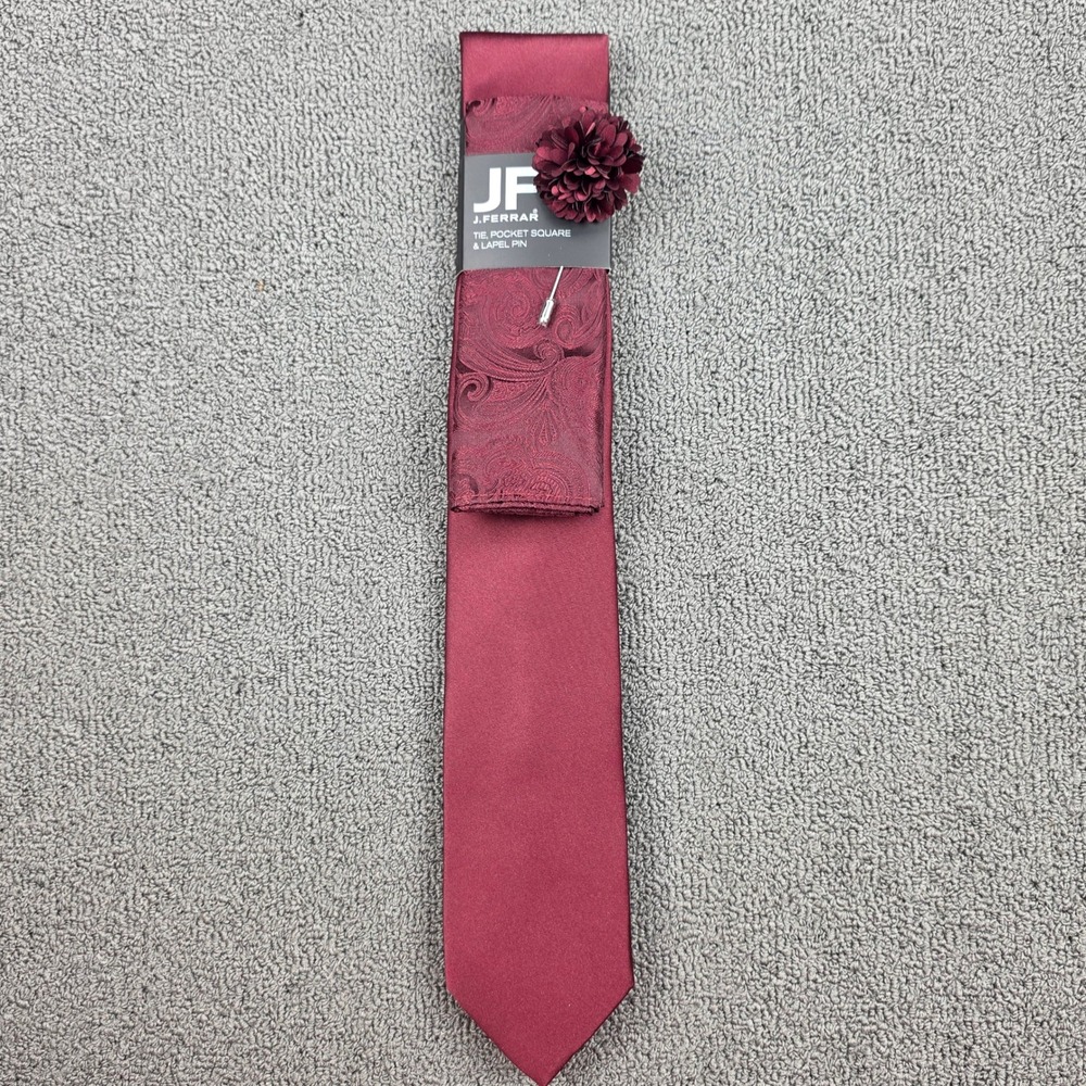 J.Ferrar Tie Pocket Square Lapel Pin Set Mens Burgundy Paisley Formal OS